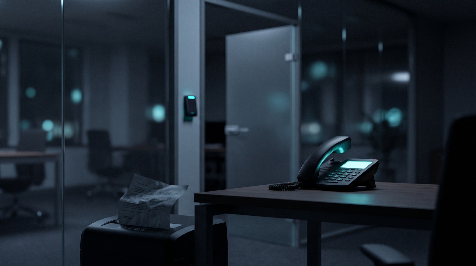 Ciemnogranatowe biuro nocą, w turkusowym świetle słuchawka telefonu na biurku obok uchylonych drzwi z czytnikiem kart i kartką papieru wystającą z niszczarki